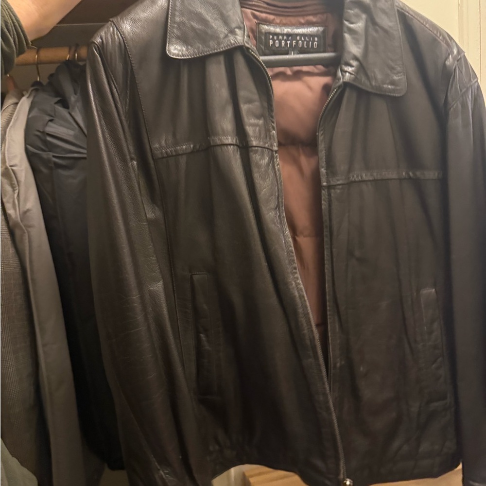 Perry Ellis Black Leather Jacket with Brown Lining